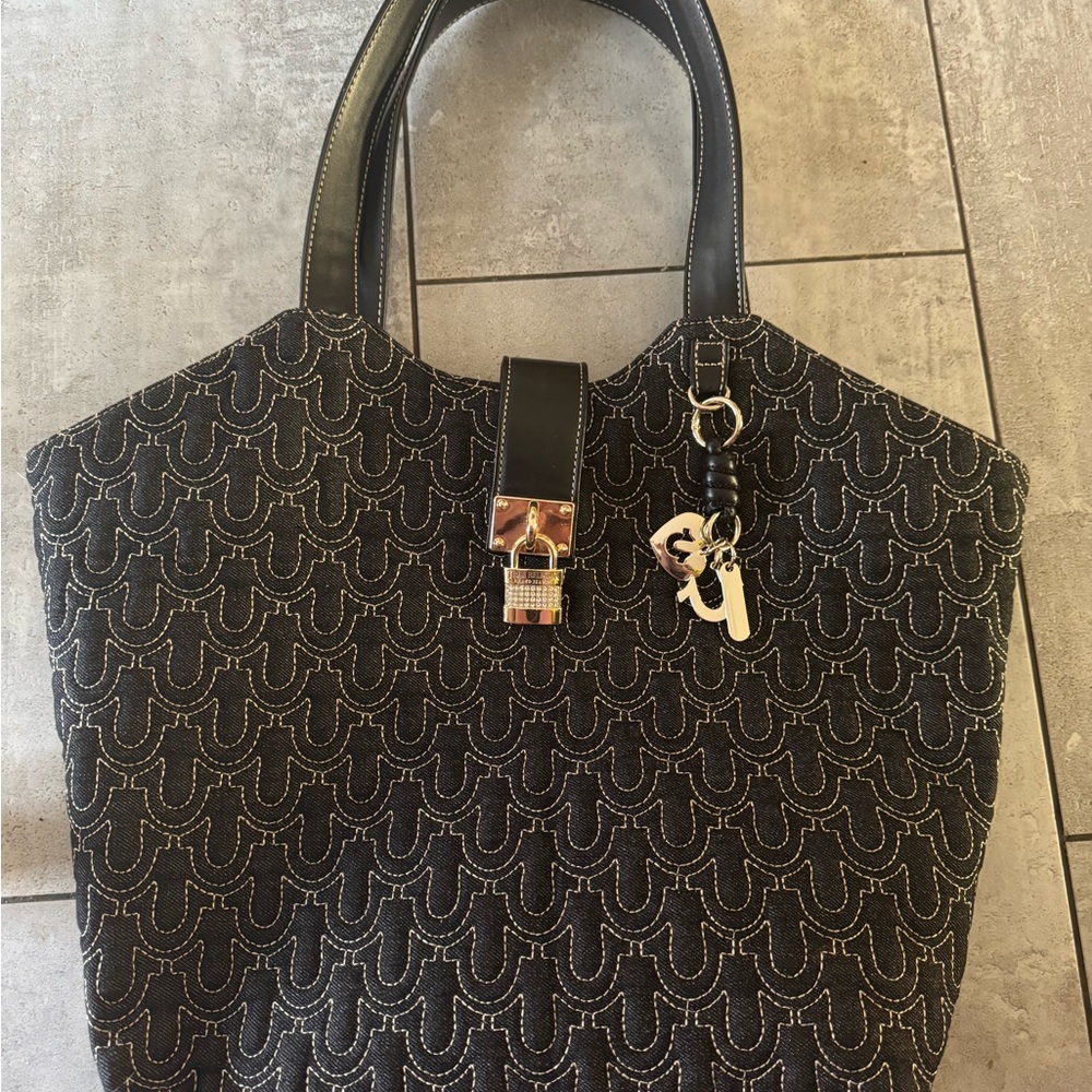 True Religion Black Patterned Tote with Gold Accents